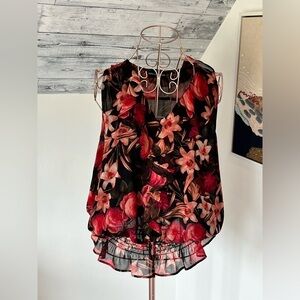 Karl Lagerfeld Black and Red Floral Women's Shell in size Large